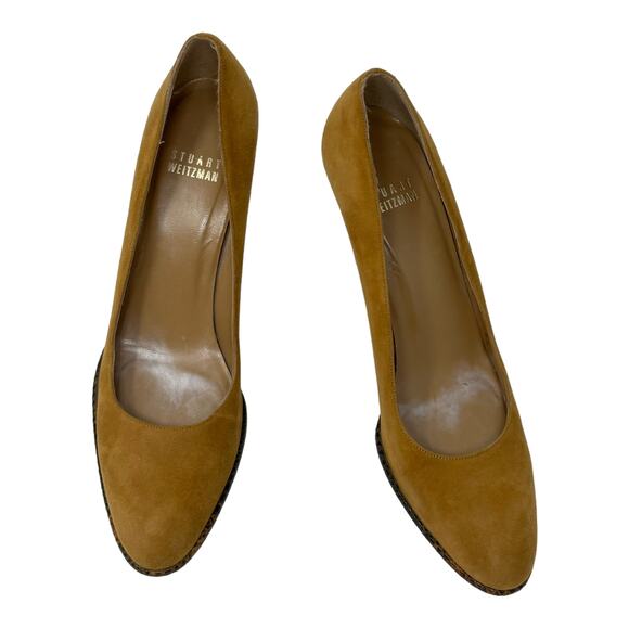Stuart Weitzman Purist Camel Suede Reptile Skin Trim Heels Pumps Size 7 - Picture 1 of 14